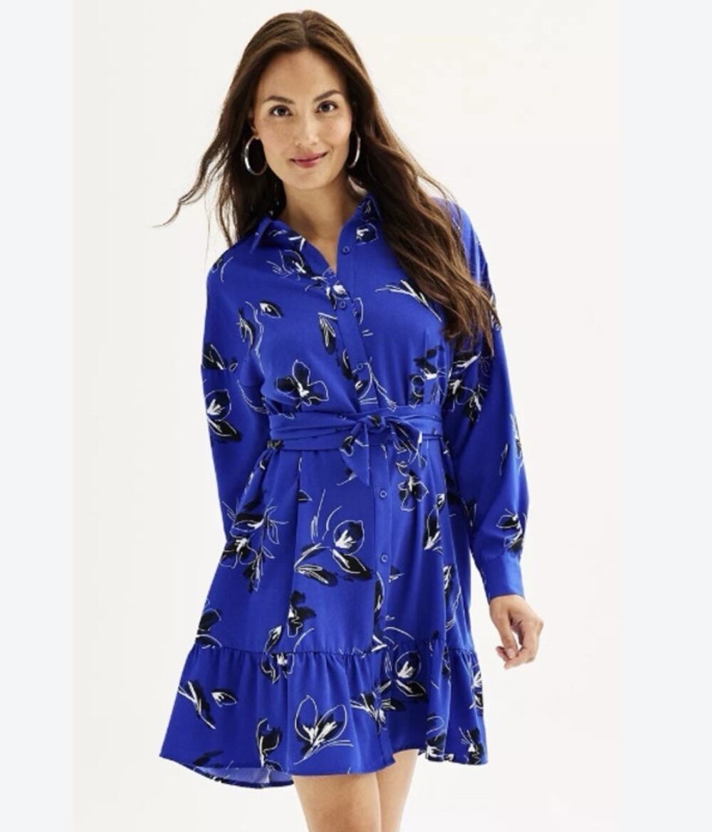 Nine West Blue Floral Shirt Dress Size L Button Front Ruffle Hem Fall